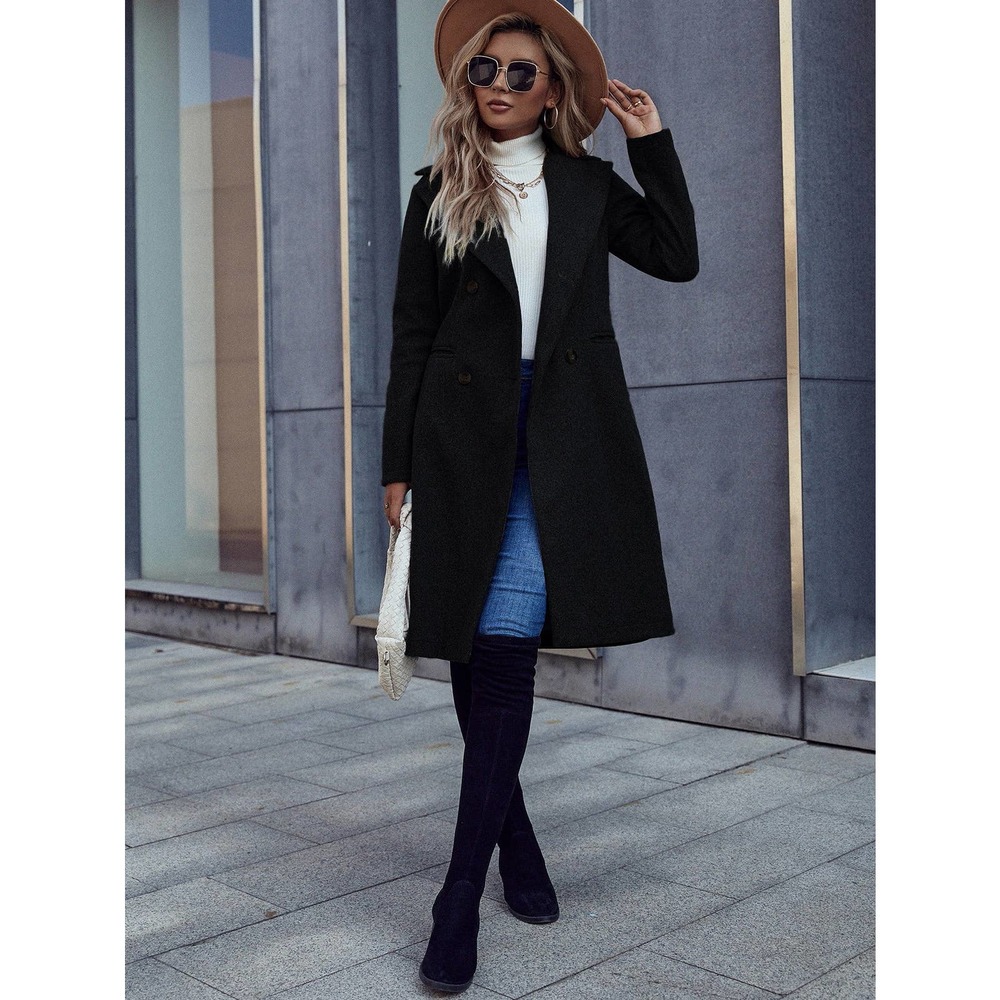 Lapel collar Double Breasted Overcoat long pea coat peacoat black long line - Picture 3 of 10
